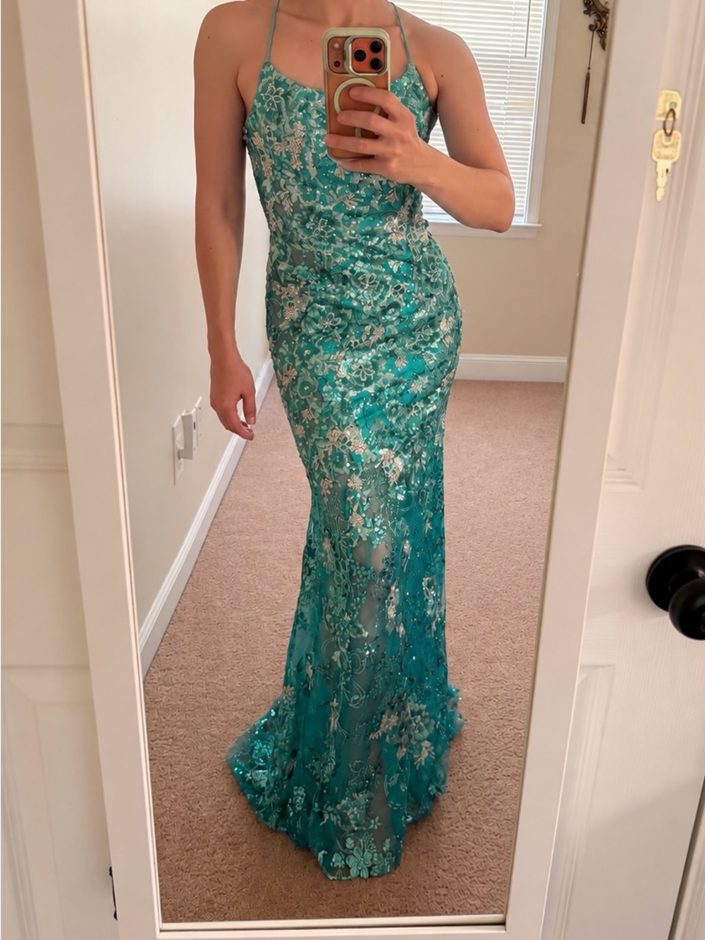 Jade Green Lace Prom Gown with Spaghetti Straps